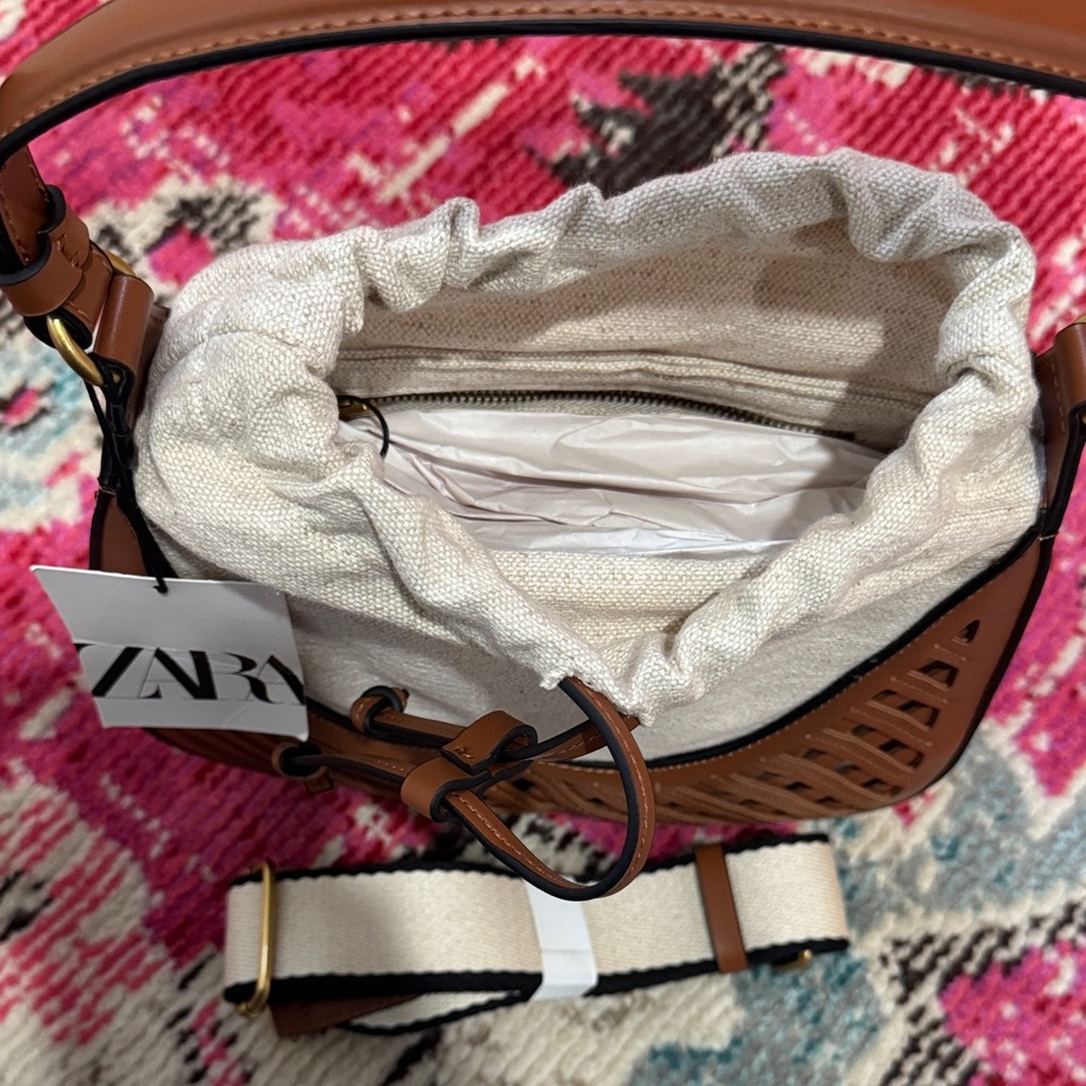 Zara Brown and Cream Shoulder Bucket Bag - Picture 7 of 12